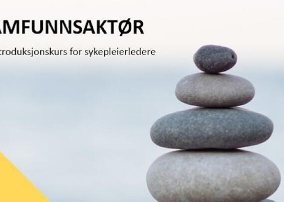 På bildet står teksten "Samfunnsaktør - Et introduksjonskurs for sykepleierledere". I forgrunnen sees fire grå stener stablet oppå hverandre. Bakgrunnen er utydelig og lyseblå. 