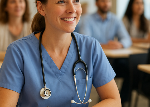 En glad barnesykepleier på kurs