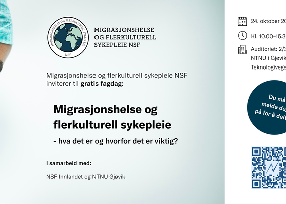 Bilde med logo og tekst, QR-kode og informasjon om fagdag migrasjonshelse 24.oktober 2025 på Gjøvik
