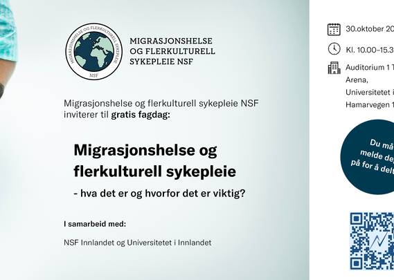 Bilde av logo, tekst og QR-kode og informasjon om fagdag migrasjonshelse på Elverum 30.oktober 2025