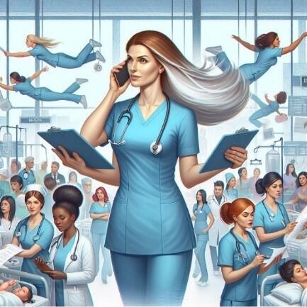 KI generert bilde av en sykepleier som balanserer mange oppgaver