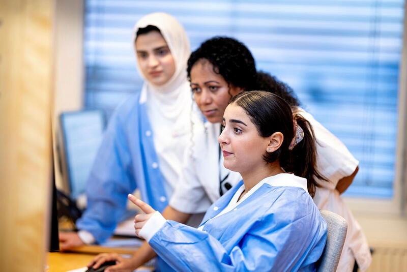 Sykepleiere og studenter ser på pc-skjerm