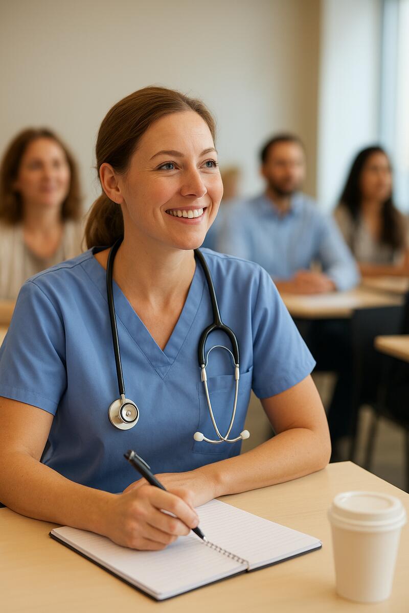 En glad barnesykepleier på kurs