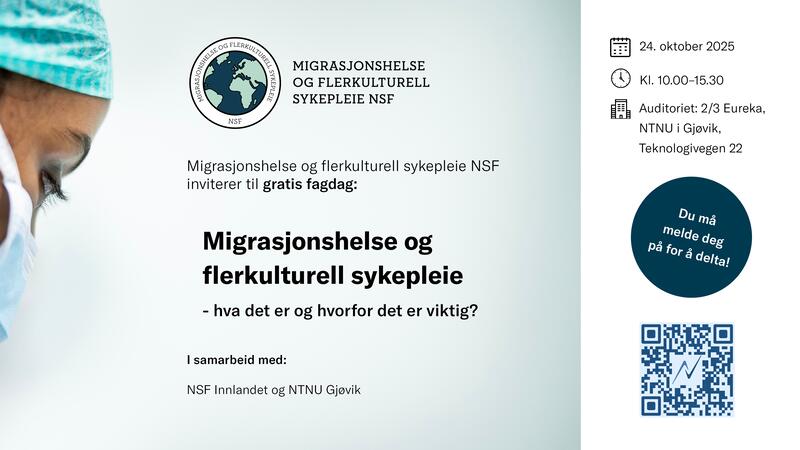 Bilde med logo og tekst, QR-kode og informasjon om fagdag migrasjonshelse 24.oktober 2025 på Gjøvik
