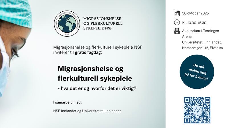 Bilde av logo, tekst og QR-kode og informasjon om fagdag migrasjonshelse på Elverum 30.oktober 2025